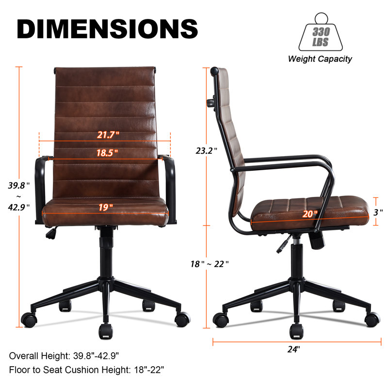 Amaiia Mid-Back Ribbed Upholstered Swivel Genuine Leather Ergonomic Office Desk Chair, Conference Chair