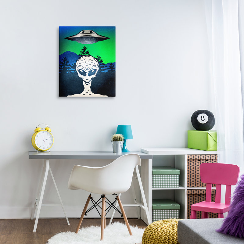Alien et toile de scène OVNI, design par Kim Allen, H 30 po x l 24 po