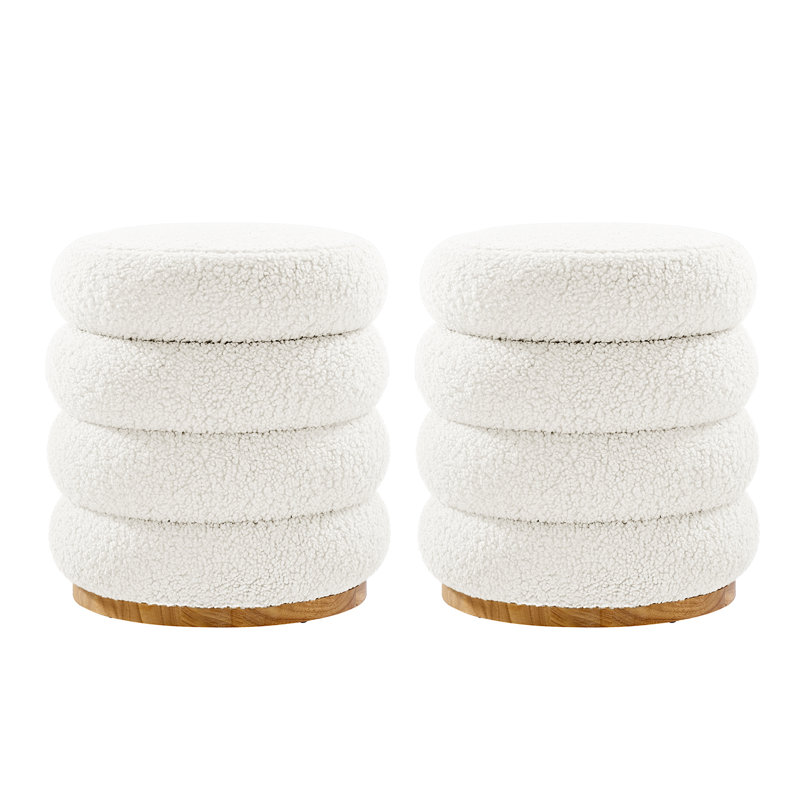Rosa Modern Storage 360° Swivel Round Ottoman with Solid Wood Base set of 2, White
