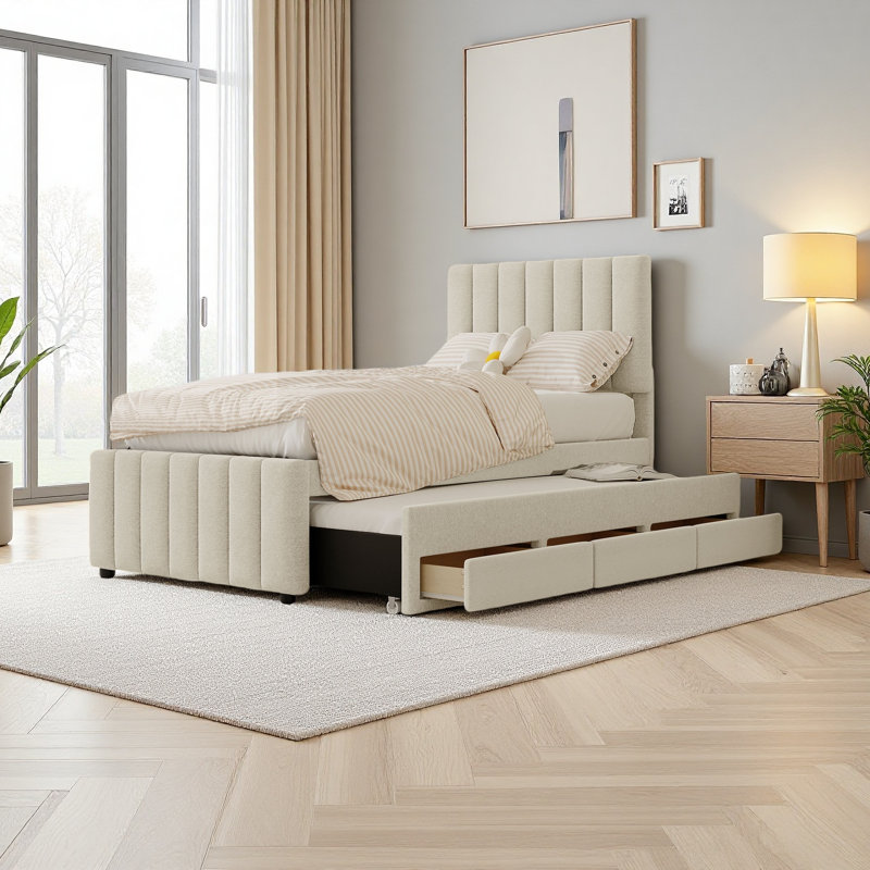 Twin Size Upholstered Platform Bed With Trundle And 3 Drawers, Linen Fabric, Beige