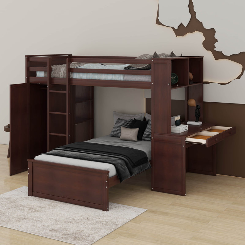 Lit mezzanine simple avec lit autonome, tablettes, bureau et garde-robe, Espresso