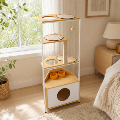Arbre à chat à niveaux multiples de 58,4 pouces avec abri pour chat inférieur, bols à alimentation double, poteau à griffes en sisal, tapis de repos pour le salon