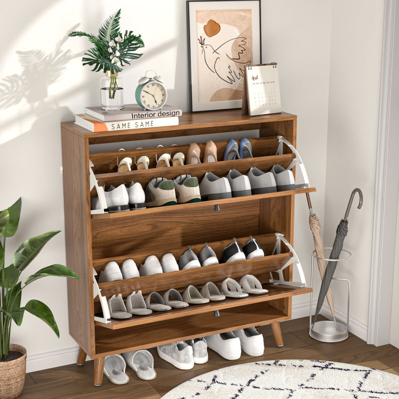 16 Pair Shoe Cabinet With 2 Flip Drawers And Adjustable Shelves, Freestanding Shoe Storage Organizers With Fluted Arched Pattern