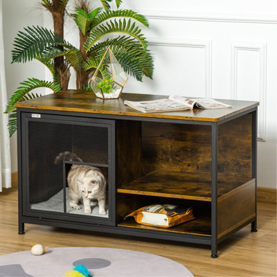 Maison pour animaux de compagnie, cage pour chat sécuritaire et ventilée, brun rustique avec coussin et portes coulissantes Cozy For Cats
