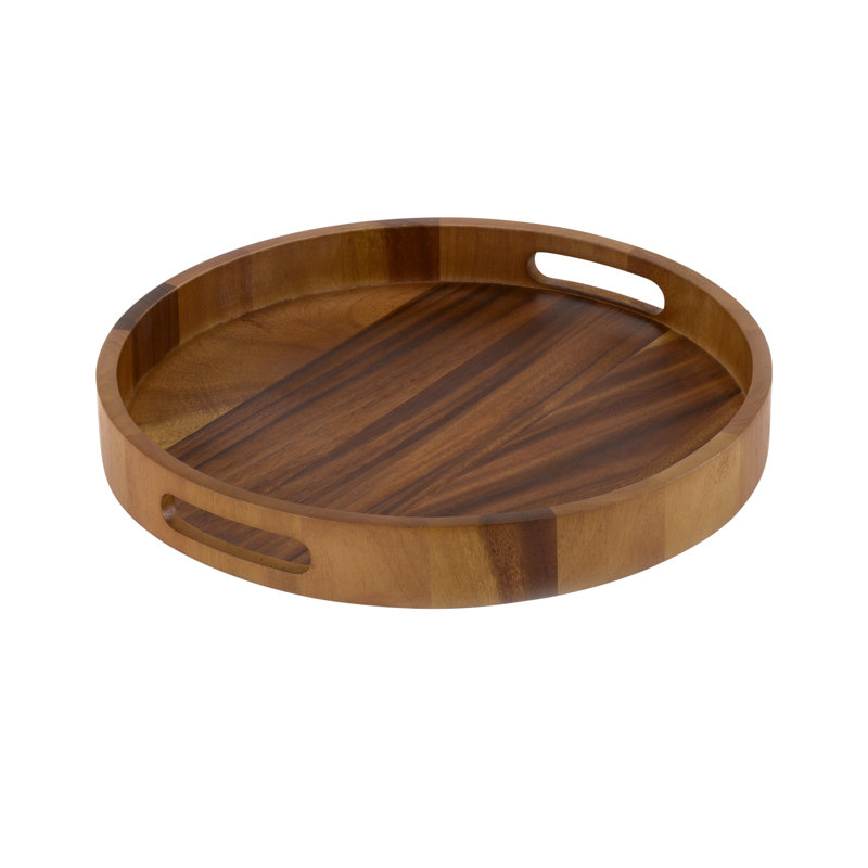 Acacia Wood 15 Inch Round Serving Tray with Handles