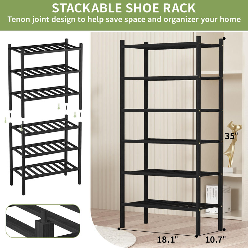 Modern Stackable Bamboo Shoe Rack 10.7"X18.1"X35" - 6 Tier, Black Wood Finish For Entryway