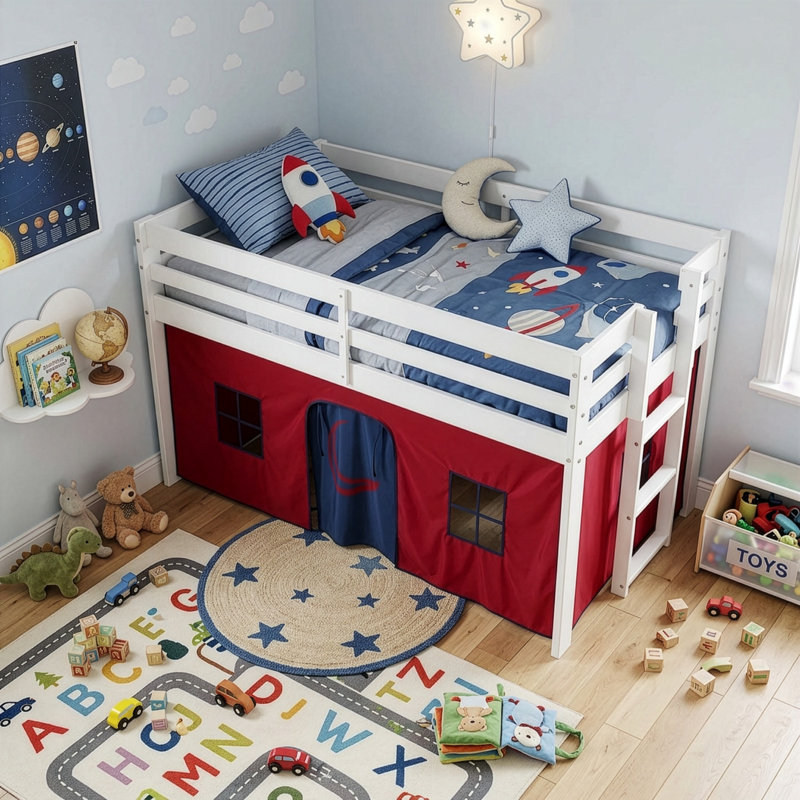 Fern Rock Twin Junior Loft Bed - White Frame and Red/Blue Bottom Playhouse Tent, Red/Blue, White