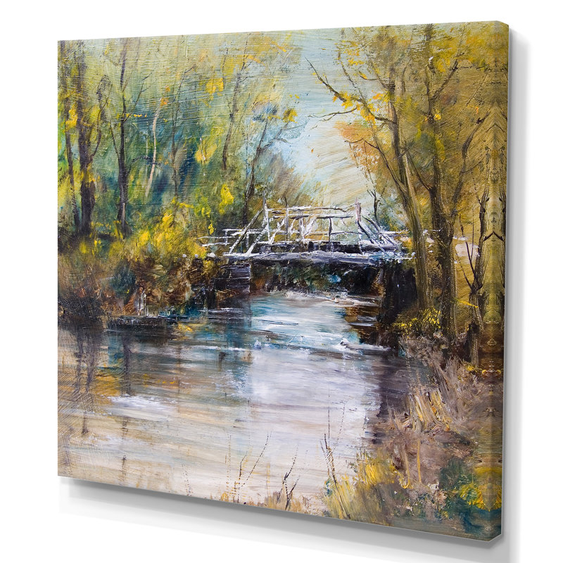 " Bridge On Summer River " by Designart, 36" H x 36" W, Wrapped Canvas