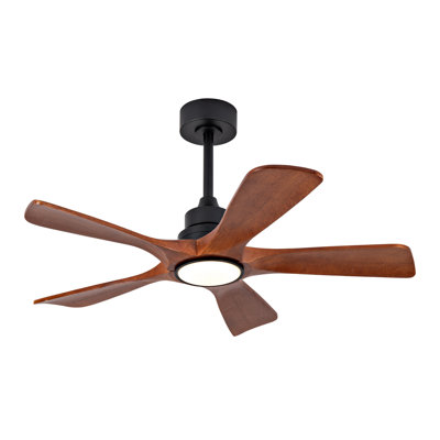 42 Inch Ceiling Fan with Light, 5 Walnut Solid Wood Blades, 6-Speed Reversible Quiet DC Motor, 3-Color Dimmable LED, Remote Control, 5" & 10" Downrods, for Bedroom Living Room Patio
