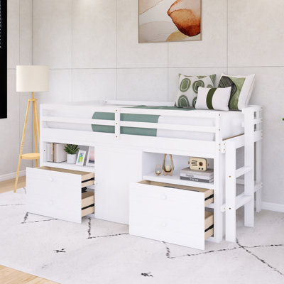 Wood Frame Twin Loft Bed With 4 Drawers, Underneath Cabinet And Shelves