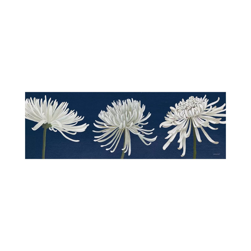 Morning Chrysanthemums V bleu foncé - estampe numérique sur toile tendue avec châssis, H 12 po x l 36 po