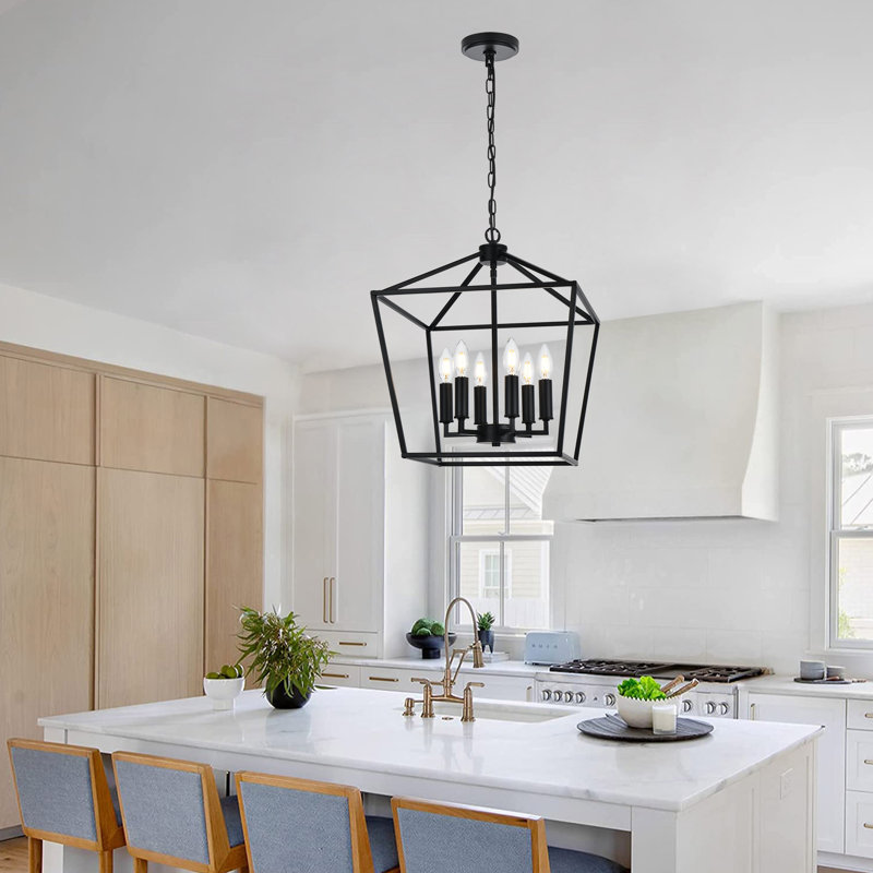Luminaire suspendu de style lanterne à 6 lumières Hirra, Noir mat