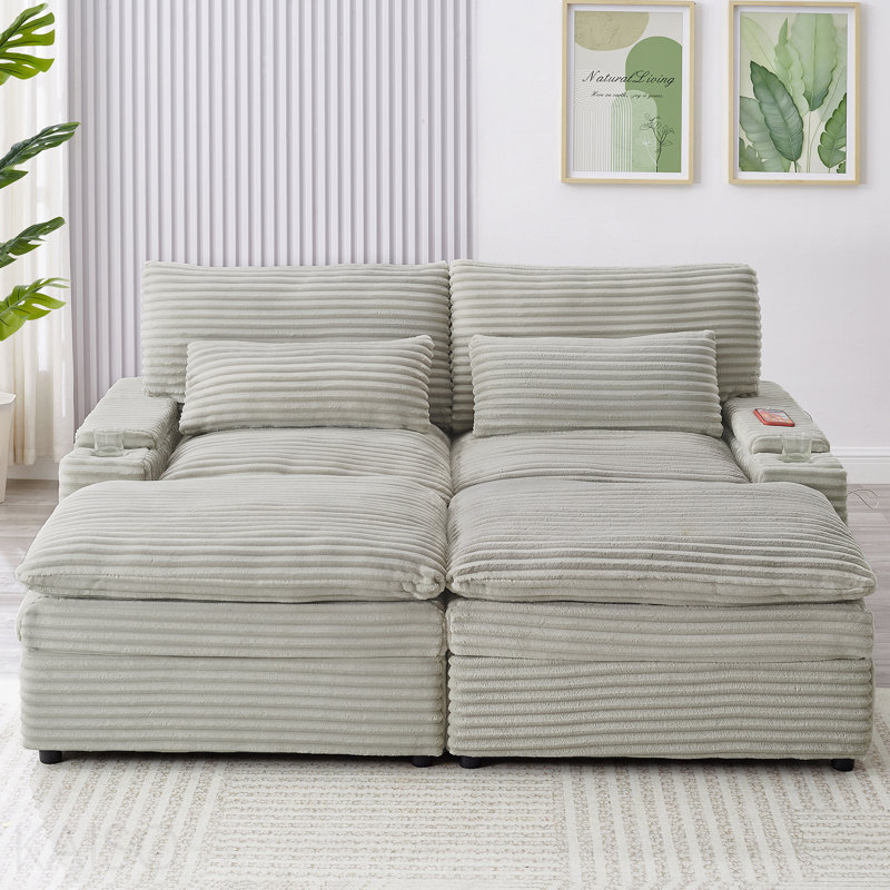 Canapé-lit modulaire à combinaison libre 70,9 "avec causeuse avec espace de rangement, deux repose-pieds mobiles, quatre ports USB et deux porte-gobelets pour le salon, gris