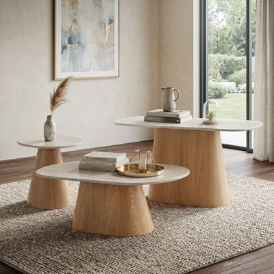 Souliere Sintered Stone Top Pedestal 3-Piece Coffee Table Set With Travertine Look