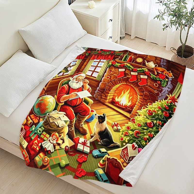 Plaid en flanelle polaire JYK pour Noël, léger, respirant, doux et chaud en microfibre pelucheuse, 102 x 127 cm, motif Père Noël et cheminée.