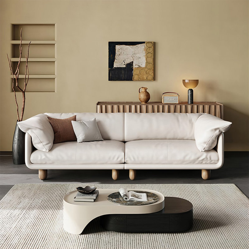 Causeuse-coussin modulaire en cuir véritable blanc crème, 33.46" H x 86.61" W x 39.37" D
