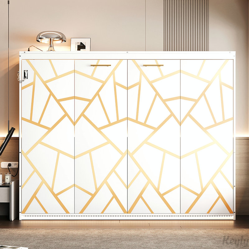 Lit escamotable moderne pliant sur le côté avec motif imprimé tendance, éclairage DEL sous le lit et prise USB intégrée - conception peu encombrante