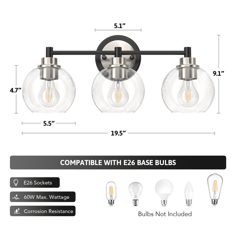 Shelburn Dimmable Vanity Light, Matte Black/Brushed Nickel, 3