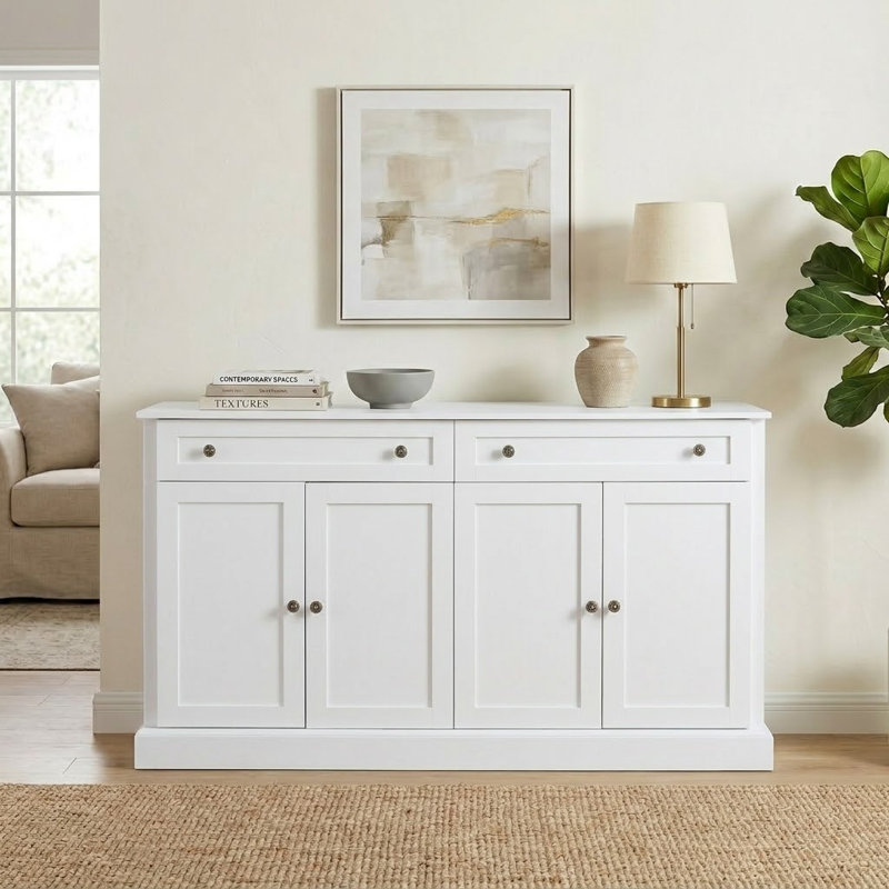 Buffet en bois de 60,01 po de largeur avec 2 tiroirs et 2 armoires, Blanc