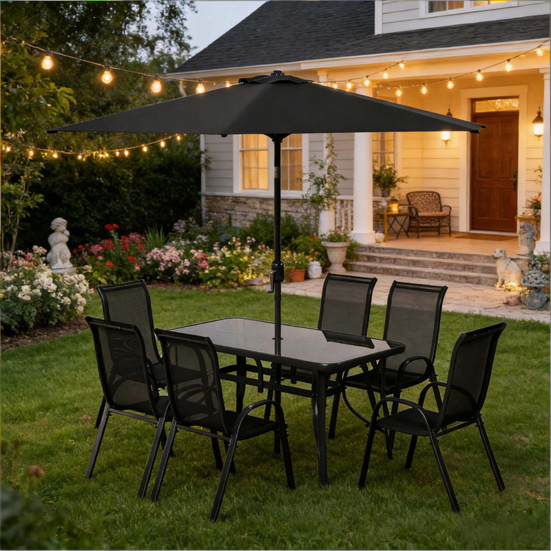 Modern Patio Conversation Set with Flexible Tilt Umbrella, Black