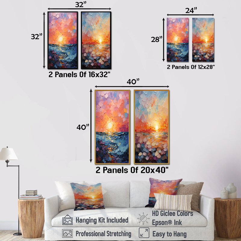 Coastal Harmony Dreamscape Sunset - ensemble de 2 impressions sur toile de paysage, Encadrement brun, H 28 po x l 25 po
