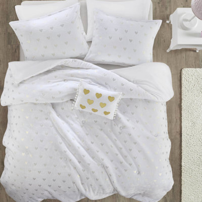 Édredon 4 pièces double / grand blanc / or avec imprimé métallique, envers en microfibre, rembourrage, cœur sécuritaire pour la peau, ULM ultra doux, lavable à la machine