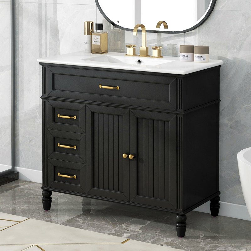 Meuble-lavabo de 36 po avec lavabo, armoire de salle de bain avec tiroirs, cadre solide et panneau de fibres à densité moyenne, un paquet, noir