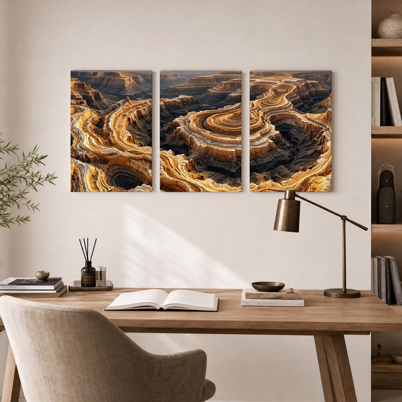 Ensemble de 3 toiles murales représentant des formations rocheuses de canyon stratifiées sous une lumière dorée