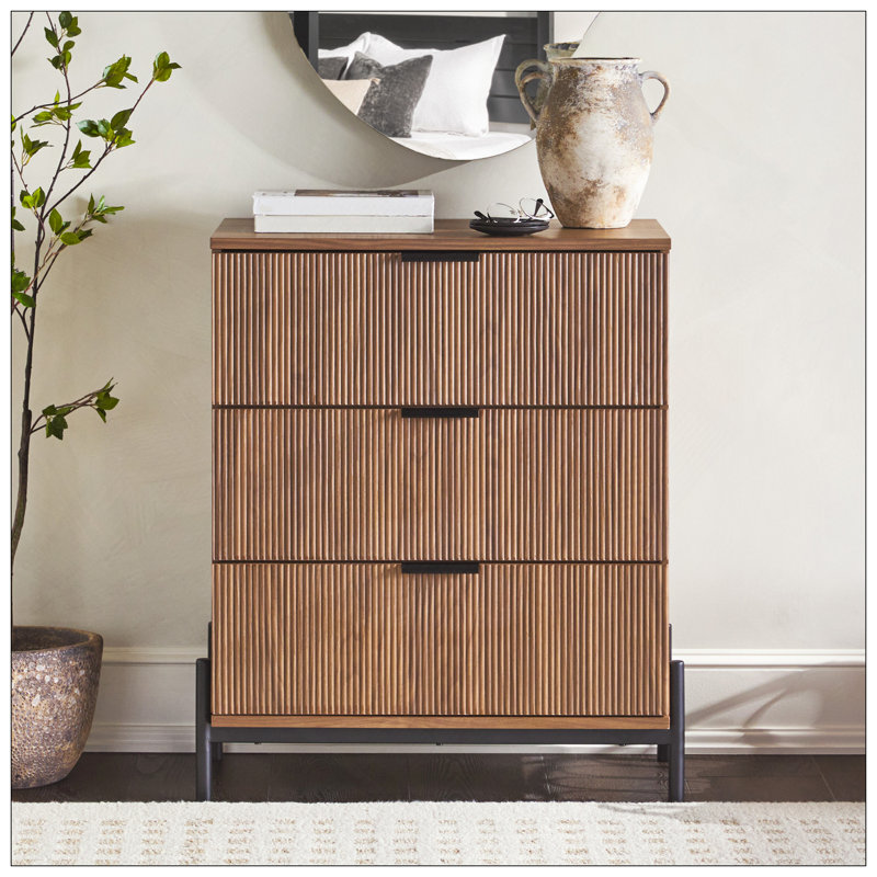 Commode 3 tiroirs Mid-Century avec façades en roseau, moka