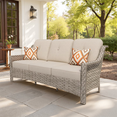 72" W 3-Seat Outdoor Wicker Sofa With Steel Frame, 3.54" Thick Cushions, High Back With Tufted Back Cushions, Rattan Patio Couch