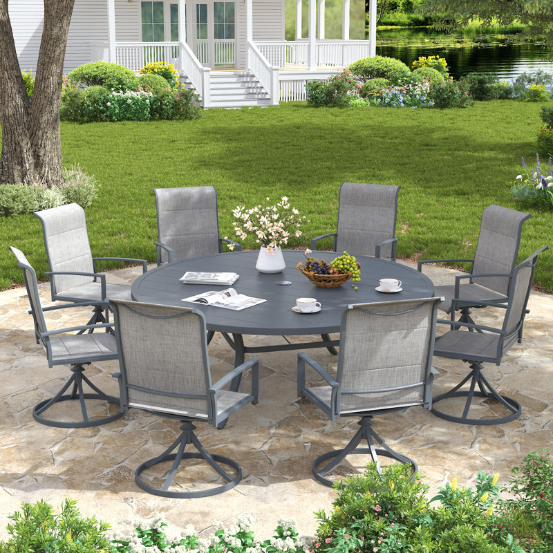 63" Round Patio Dining Set For 8 With Swivel Chairs, Gray/Gray