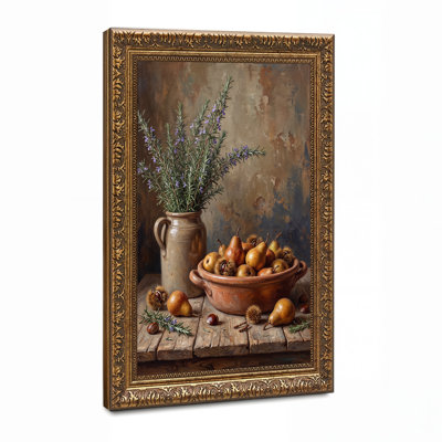 Poires et châtaignes dans un bol en terre cuite avec du romarin - Tableau sur toile