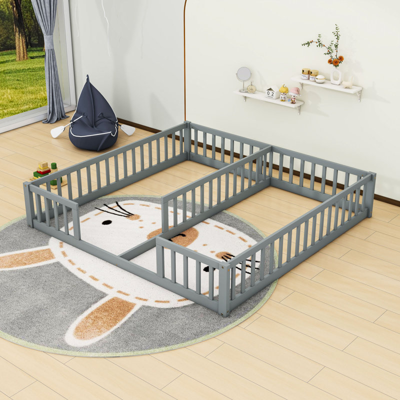 Twin & Twin Wood Double Floor Bed With Guardrails, Gray