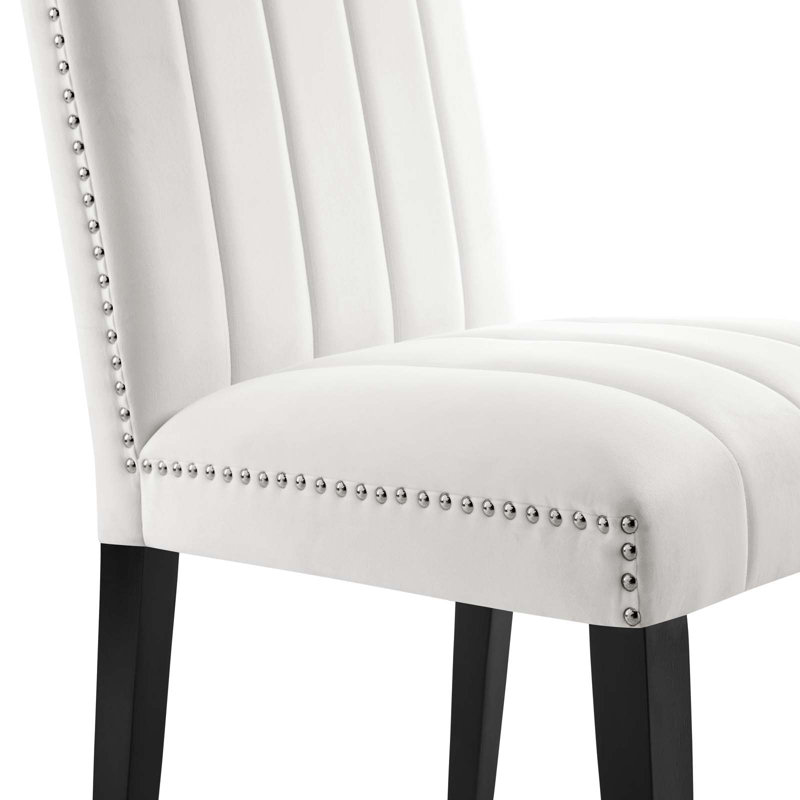 White Velvet Upholstered Parsons Side Chair Set with Wood Legs