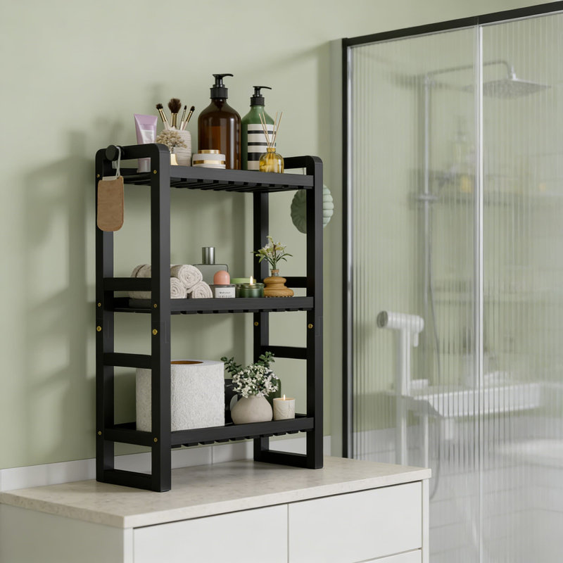Étagère de rangement au-dessus de la toilette à 3 niveaux, organisateur de salle de bain en bambou avec une conception stable 2-en-1, support de rangement peu encombrant pour les petites salles de bain, sans perçage requis