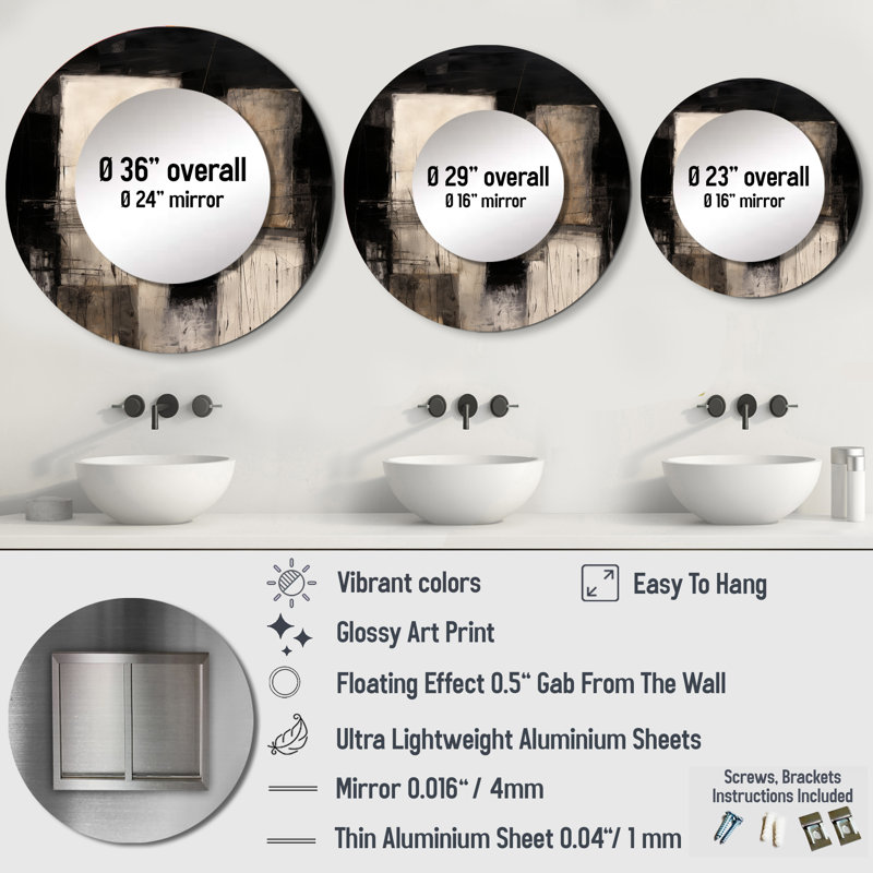Racie Black Mid Century Fusion IV - Midcentury Modern Wall Mirror, Gray Round Decorative Mirror, Printed Metal Art, 23" x 23"