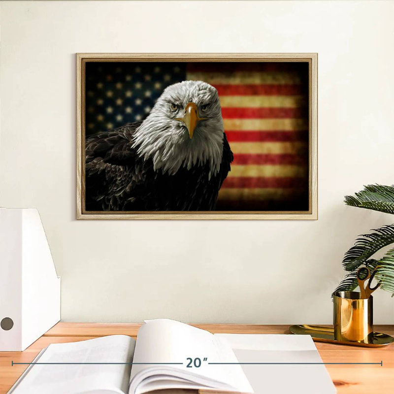 Aigle et drapeau de l'Amérique, Cadre flottant en bois naturel, 13 po x 9 po