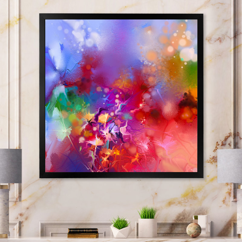 Art floral grunge mauve et rouge II - reproduction d'art sur toile, H 30 po x l 30 po x P 1 po, Cadre noir