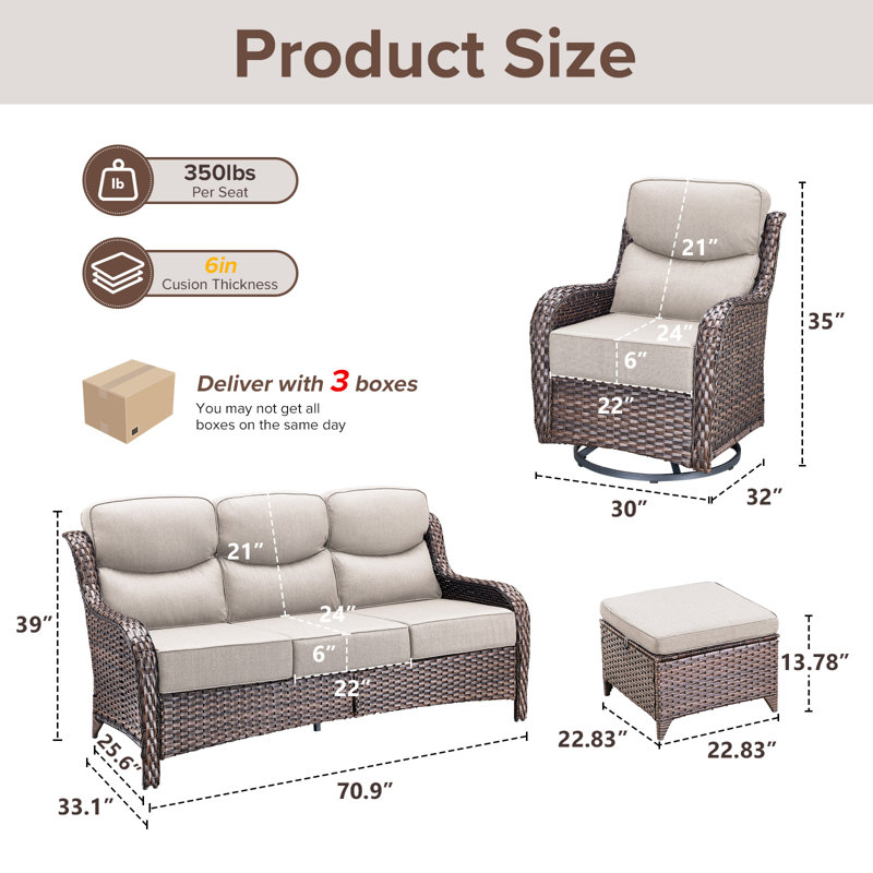 Gymojoy 5-Piece Patio Furniture Set With Swivel Glider Chairs, 6-Inch Ultra-Plush Cushions & Water-Resistant Olefin Fabric