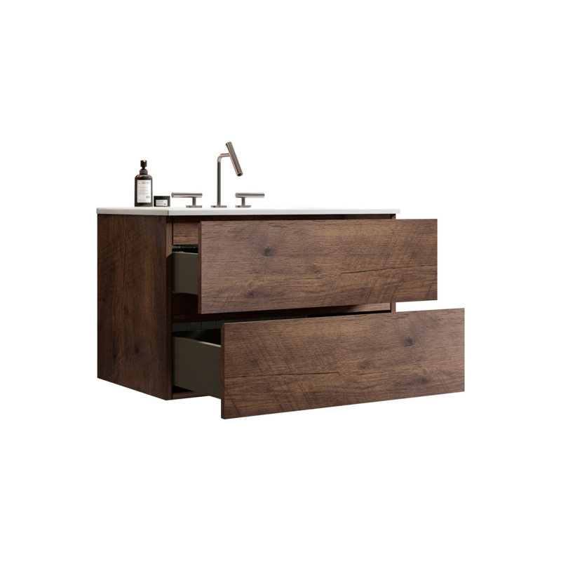 Meuble-lavabo à trois trous en céramique, Noyer