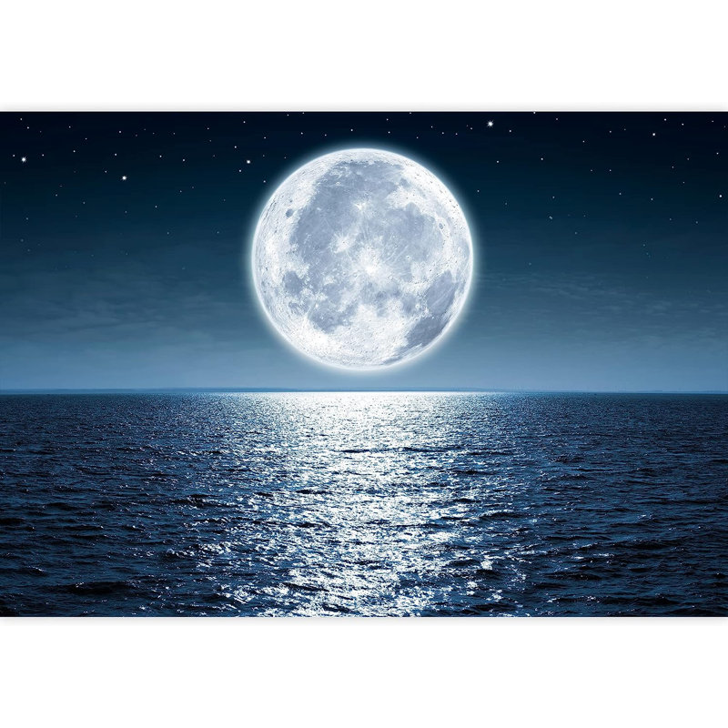 Pleine lune se levant au-dessus de l'océan, vide la nuit avec un espace mural à peindre, L 100 po x l 144 po