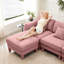 Rose moderne avec tissu d'ameublement bouclé, pieds courbés et cylindriques, structure, coussins d'assise à assise moelleuse pour un endroit agréable avec tissu, divers espaces pour les pieds, fabrication, ressorts en mousse