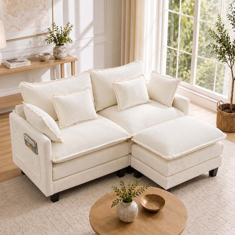 Canapé modulaire en chenille 3 pièces avec coussins de siège à deux couches, quatre coussins et un repose-pieds
