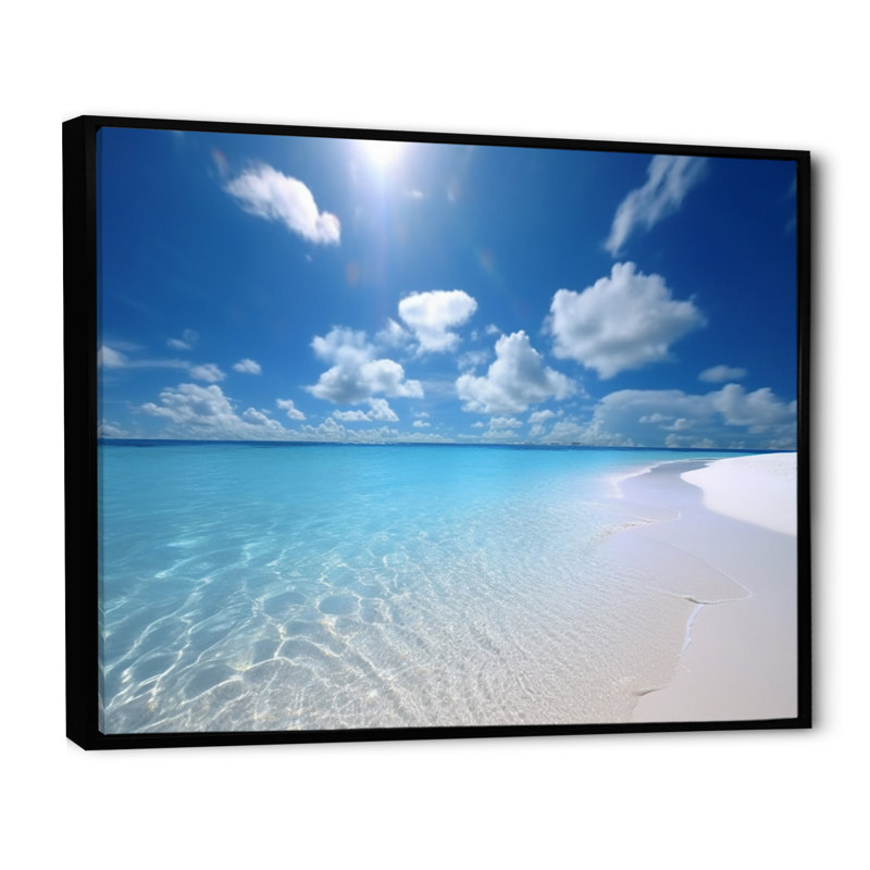 Sable et bleu mer des Caraïbes V sur toile, Cadre flottant noir, H 12 po x l 20 po x P 1 po
