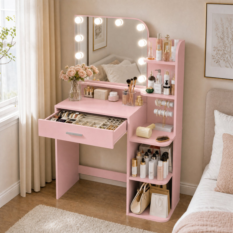 Meuble-lavabo 32 po avec miroir et 3 lumières DEL de couleur, coiffeuse avec 5 grandes tablettes de rangement et grand tiroir
