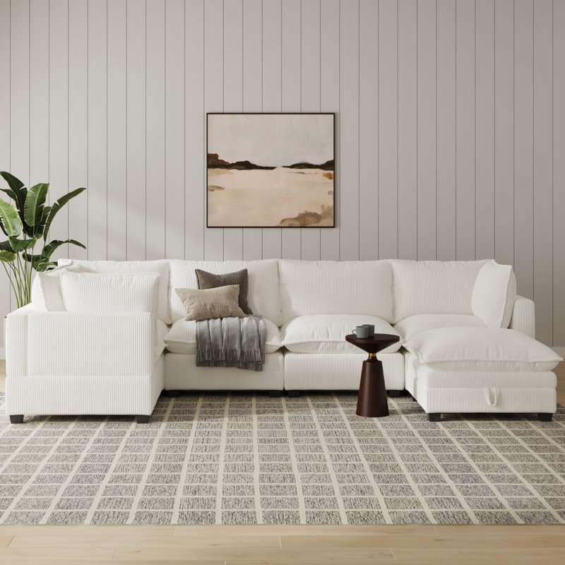 Somerdale Modern Upholstered Cloud Sectional With Ottoman, 39.4" H x 145.8" W x 76.4" D, Pearl White Corduroy