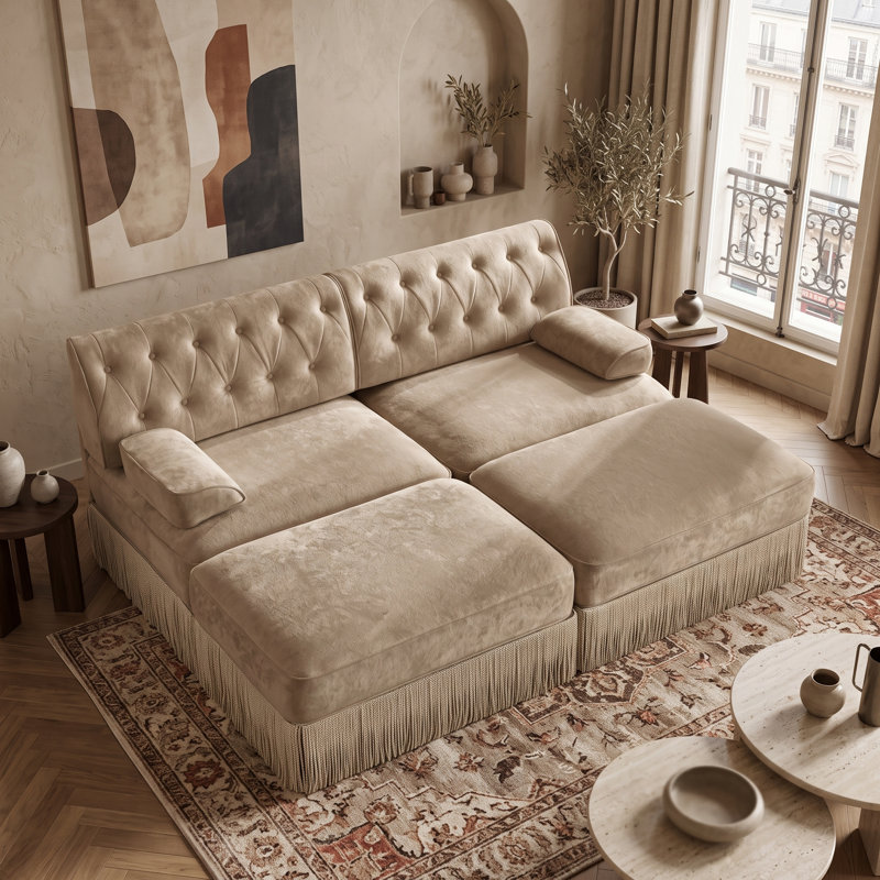 Canapé modulable 2 places avec 2 poufs, jupe à franges d'inspiration vintage, dossier capitonné et assise flexible, couleur camel