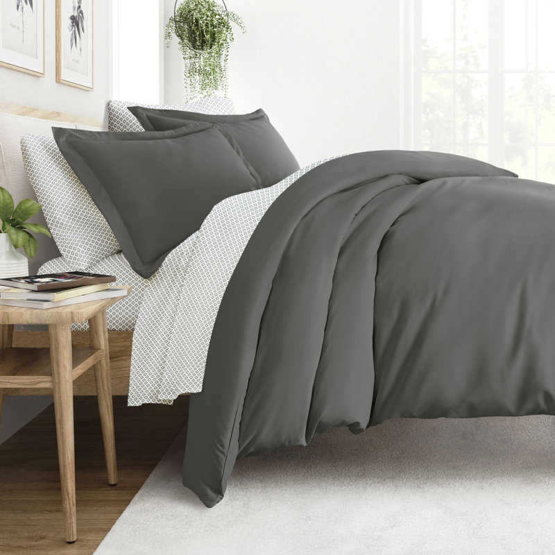 Ensemble de literie 8 pièces - Housse de couette unie, ensemble d'édredon et ensemble de draps à motifs, Géo gris foncé