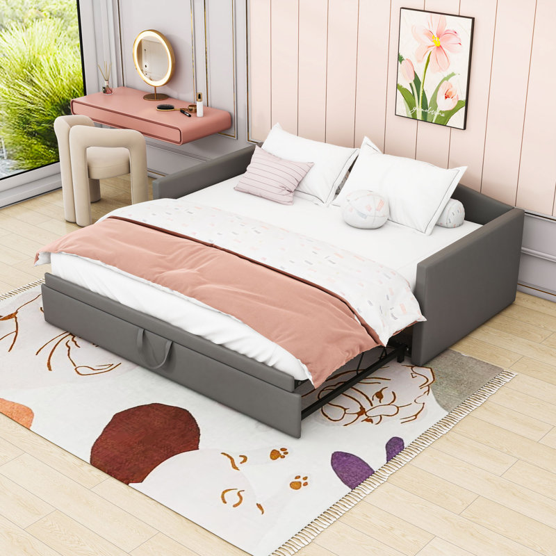 Twin Size Velvet Daybed with Adjustable Twin Trundle, Gray