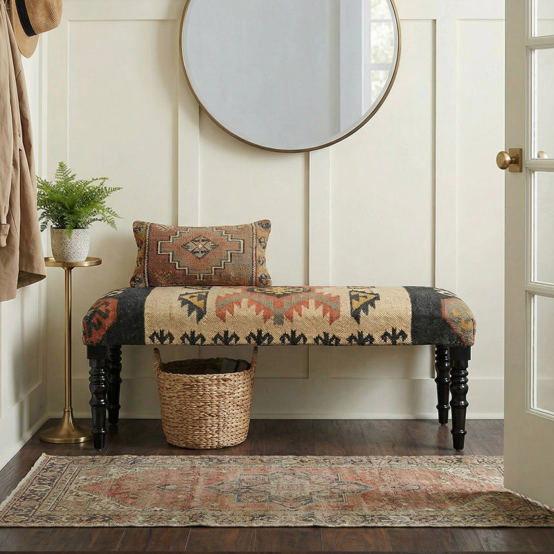Banc rembourré et fabriqué à la main en jute et en laine Southwestern